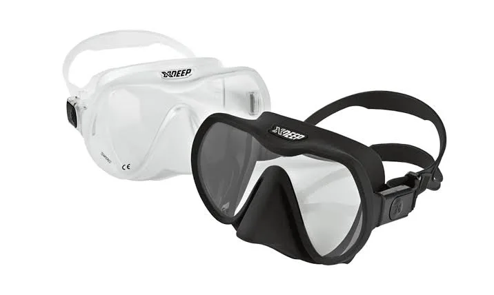 XDEEP dive masks with a clear silicone skirt and a black silicone skirt