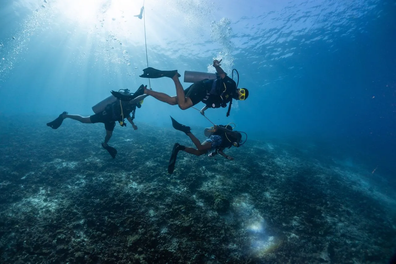 three divers descending along a reef during a Discover Scuba dive