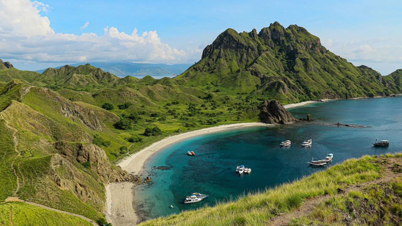 Vista aérea de la bahía de la isla Padar, Komodo, con sus colinas frondosas y aguas turquesas.