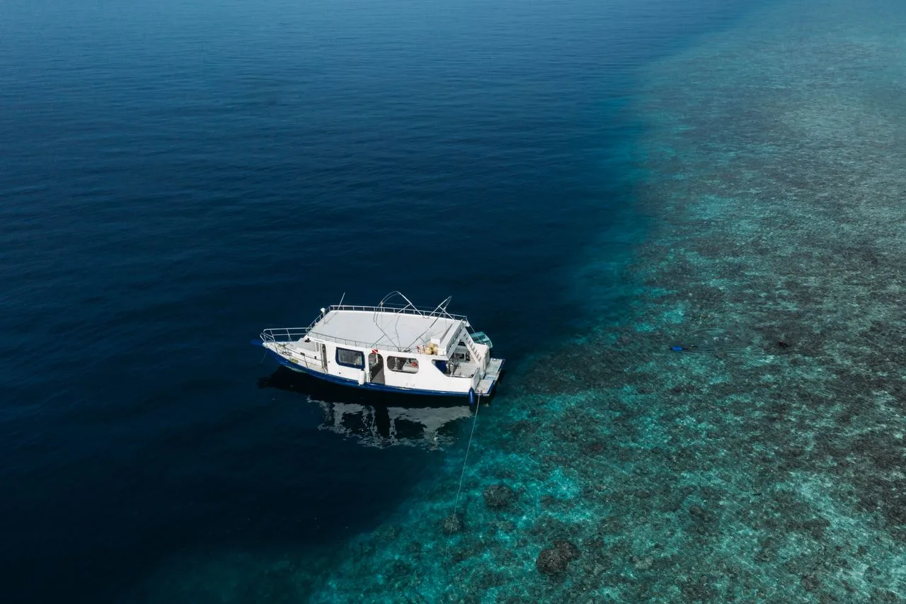 vista aérea de un bote de buceo en aguas cristalinas de un arrecife de coral