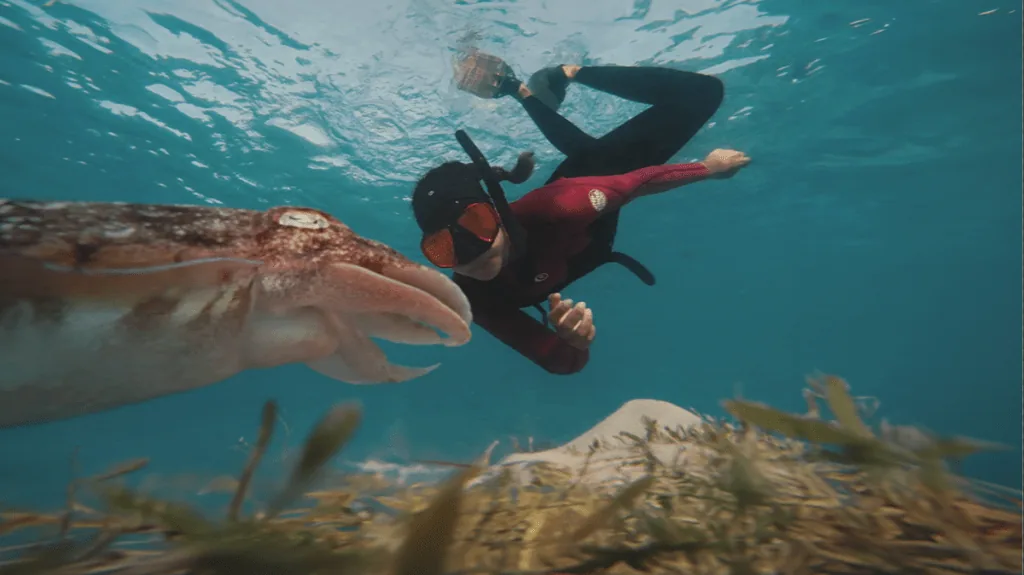 Freediving girl with cuttlefish
