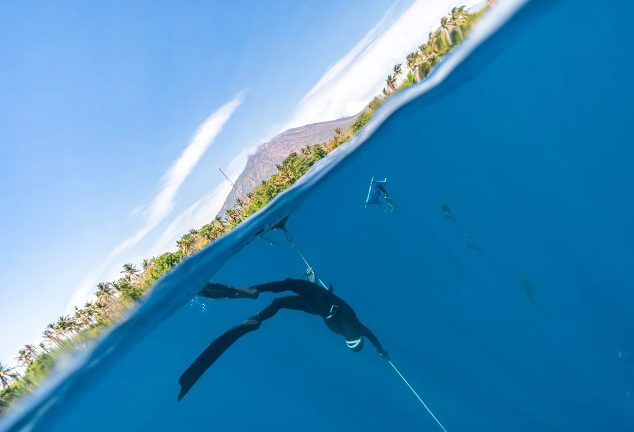 A freediver exploring underwater and a vibrant coastal landscape in vivid split-level photography 