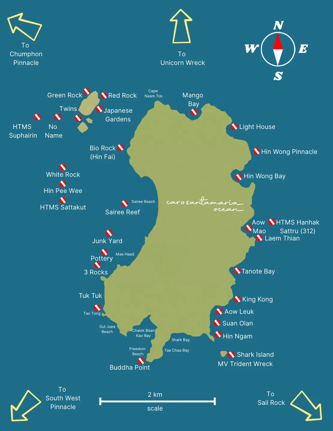 Illustrated map of the dive sites around Koh Tao, with marked locations including Chumphon Pinnacle to the north, Southwest Pinnacle and Sail Rock to the south, White Rock, Twins, Red Rock and Green Rock off the west coast, Mango Bay, Light House and Hin Wong Pinnacle on the northeast, and Aow Leuk, Shark Island and the MV Trident Wreck on the southeast.