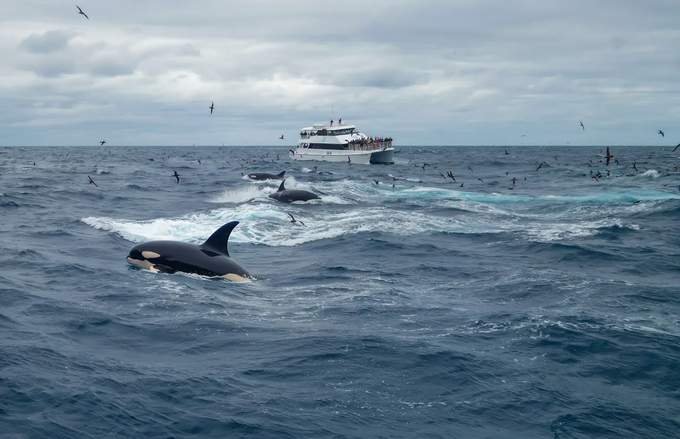 killer whale watching tour boat encountering a pod of orcas in the ocean
